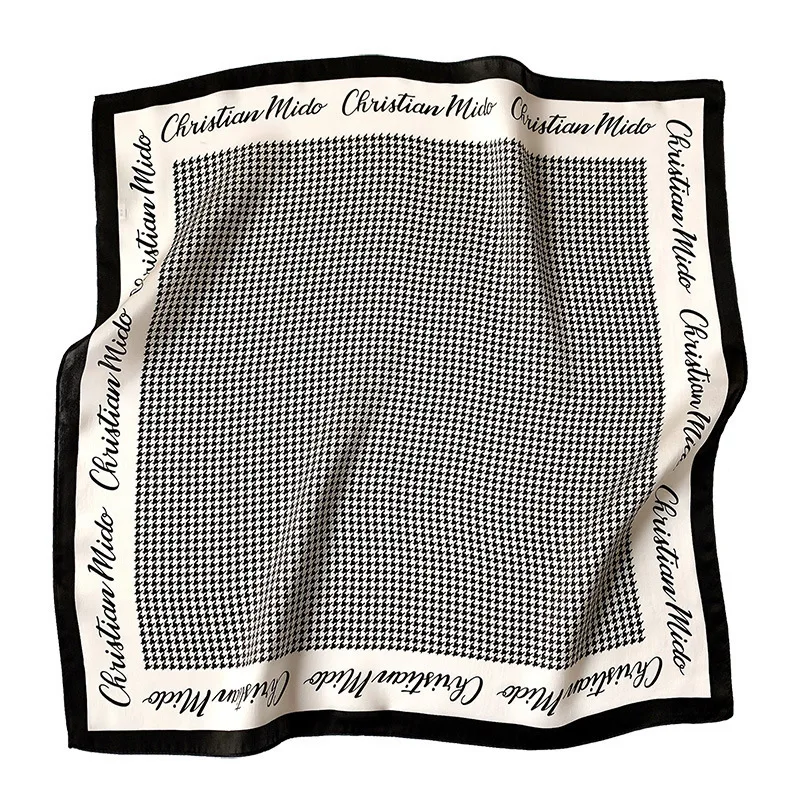 Hot Sales Houndstooth Pattern Design Silk Head Kerchief Silk Satin Square Bandana With Custom Print Logo