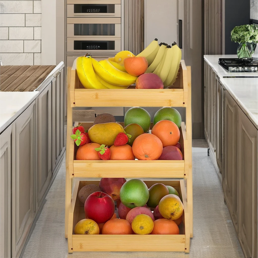 Folding 3-Tier Bamboo Fruit Basket Hanging Kitchen Counter Organizer for Fruit Vegetable Storage for Kitchen Countertop Use