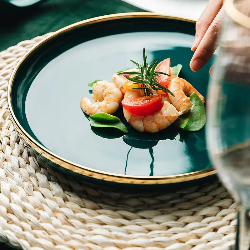 emerald green dinnerware gold rim tableware set ceramic home rice bowl western plate dishes