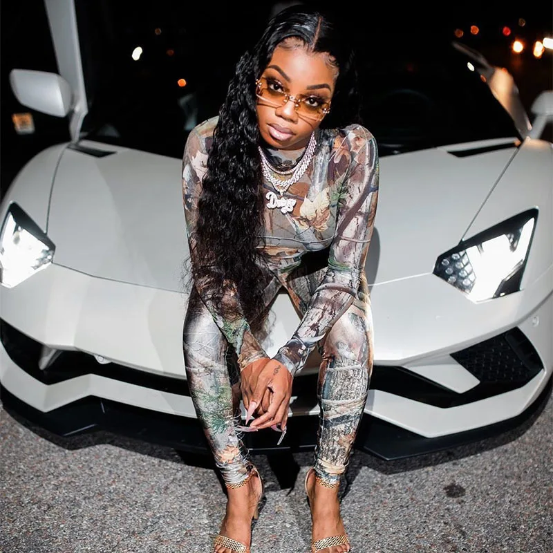 A20534S Sexy Mesh Two Piece Sets Women Stand Collar Long Sleeve Tops High Waist Trouser Fashion Print Suit