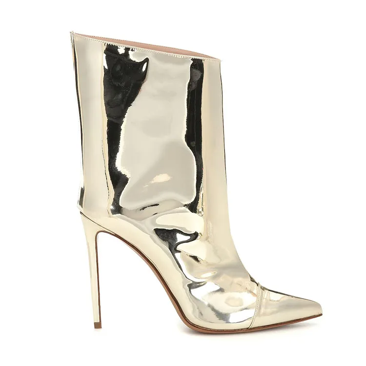 Ботильоны женские из лакированной кожи, зеркальные золотистые полусапожки на высоком каблуке, с металлическим узором, с острым носком