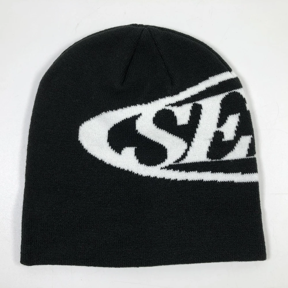 Custom graphics beanie with 2 lines Top two seams knitted black y2k winter hats Premium jacquard acrylic toques for adults