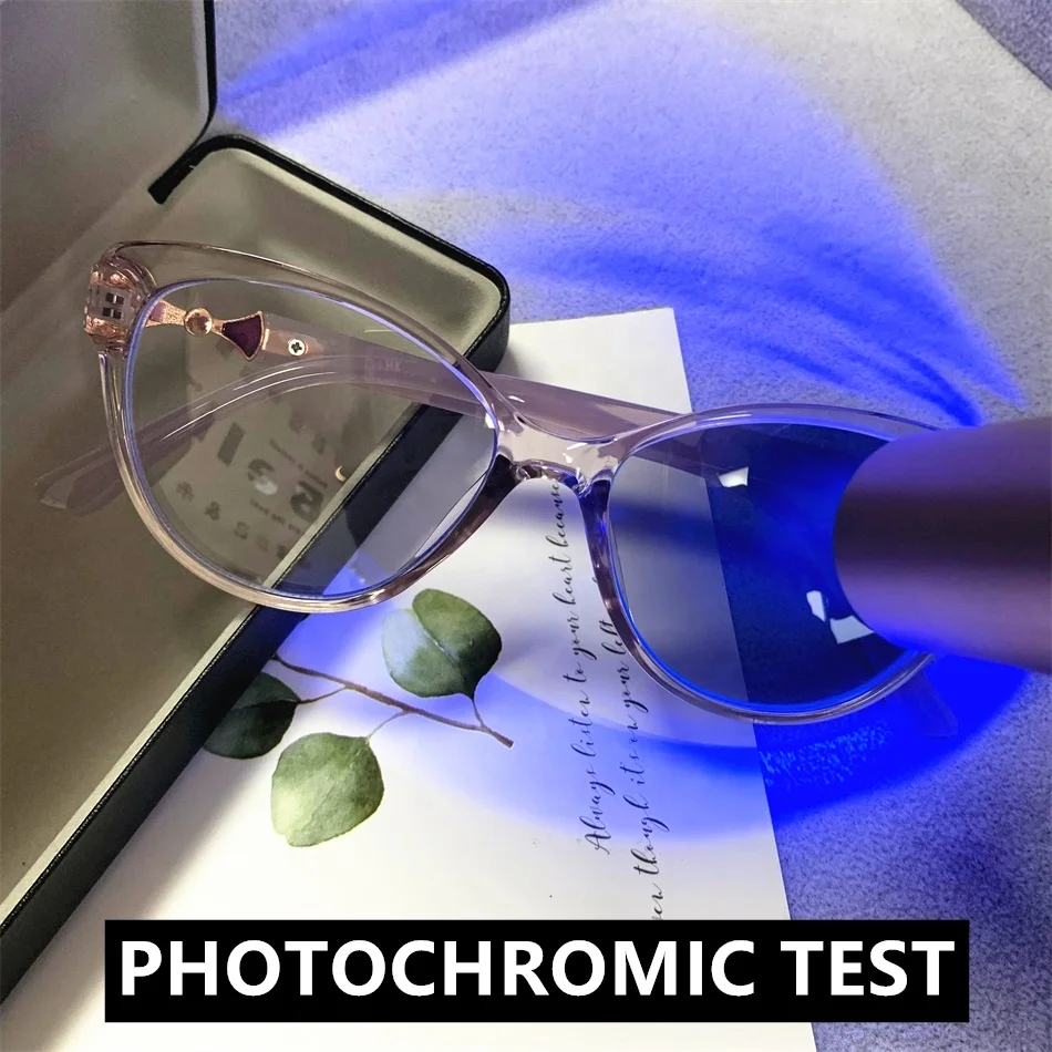 ladies anti blue light grey black cateye myopia diamond lunett photogray antireflet photochromic bezel woman photo gray glasses