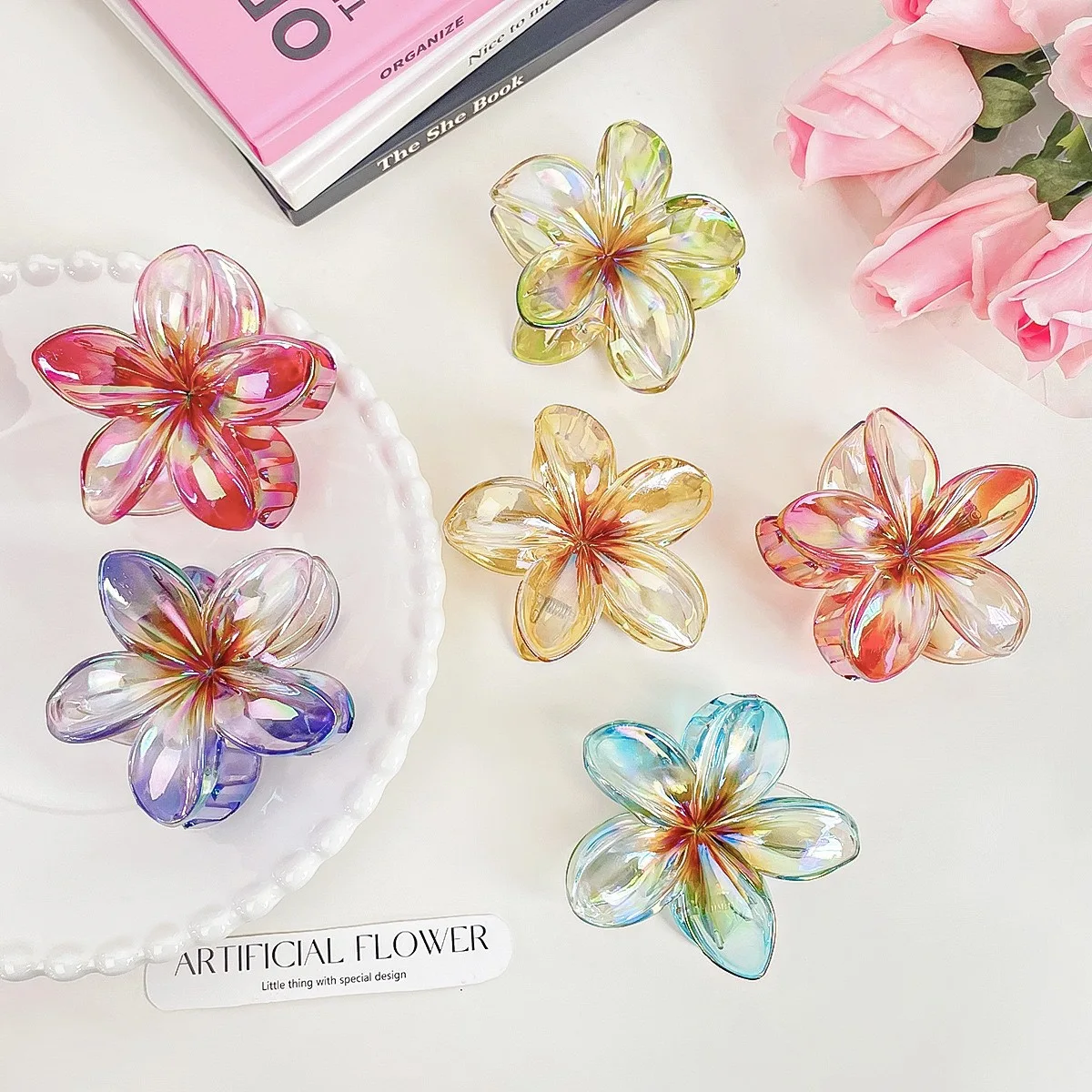 YT New Arrival AB Colorful Egg Flower Hair Clamp Clip Glitter Metal 8cm Bauhinia Plumeria Hair Claw Clip For Women