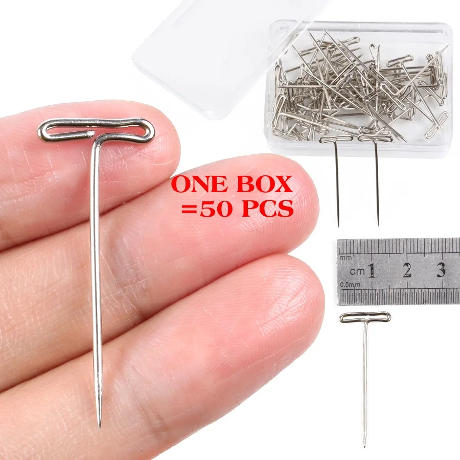 Wholesale 38mm Long 50pcs/Set Wig Making Tool Silver Stainless Steel T Shape Pins For Wigs