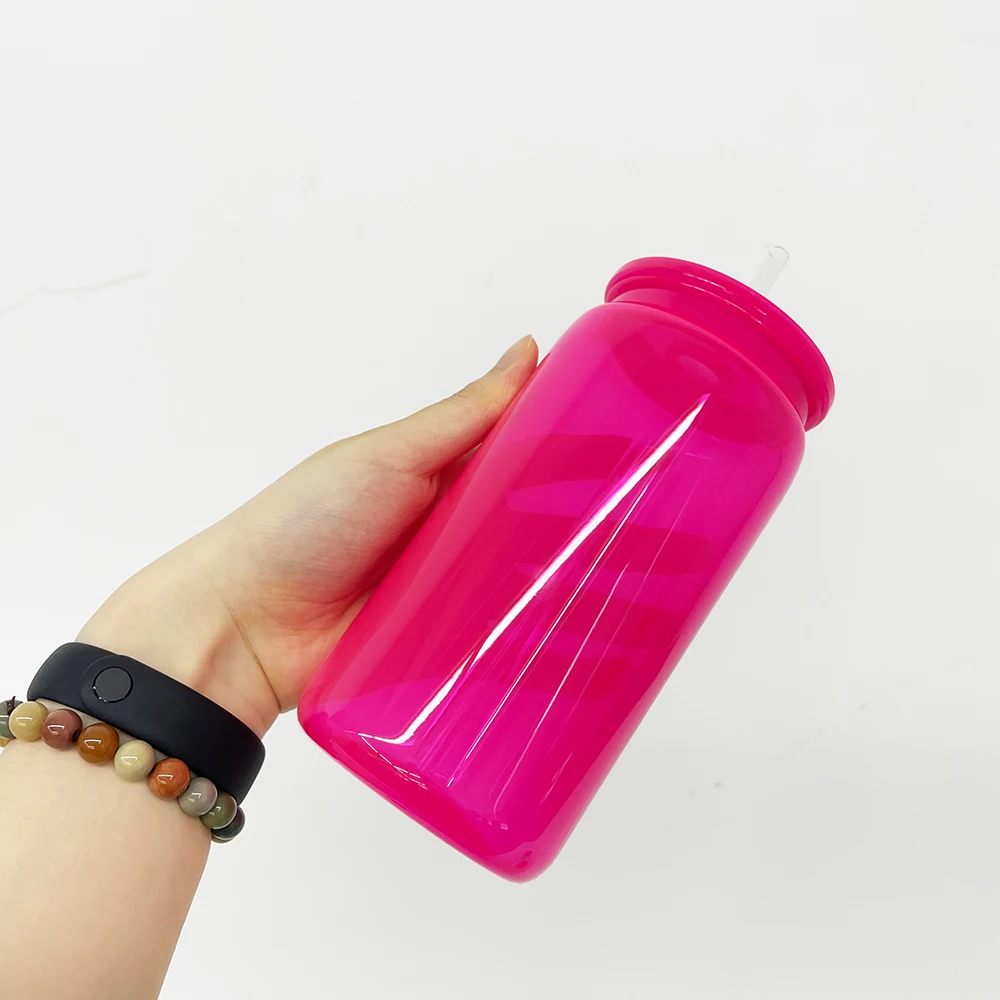 US warehouse Unbreakable clear transparent neon cold drink beer mug 16oz plastic acrylic can with straw for UV DTF transfer wrap
