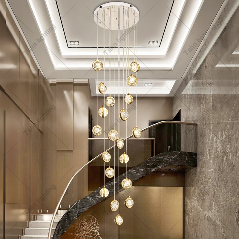 Minimalist Ball Crystal Long Staircase Chandelier Crystal Ball Hotel Decoration Pendant Light Gold Crystal Villa High Chandelier