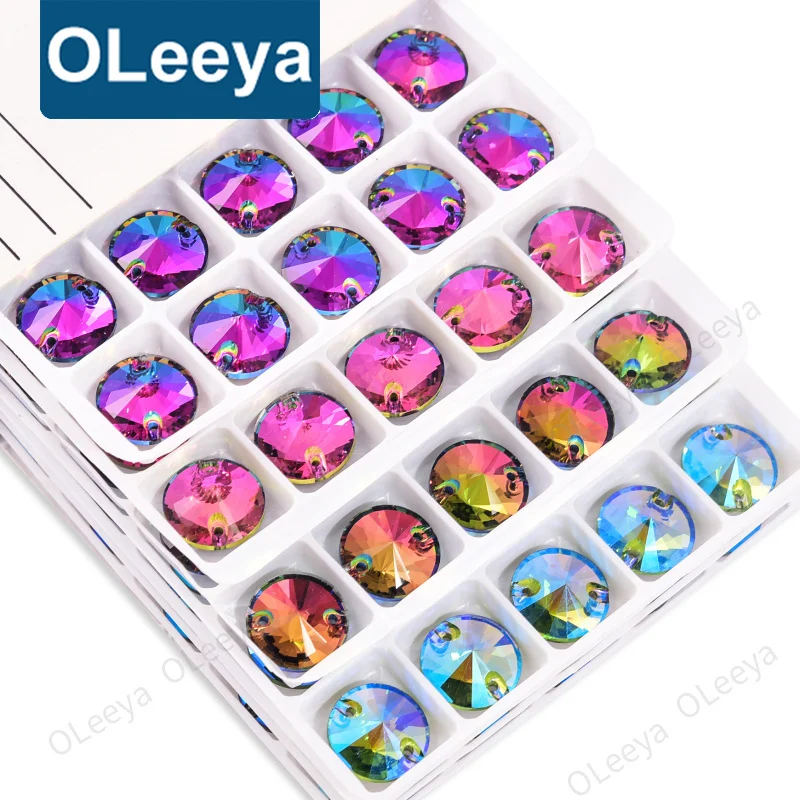 Oleeya Factory 5A Bevel Round Rivoli Shape Colorful Sew on Rhinestone Crystal AB Glass Flat Sew-on Rhinestone for Clothing DIY