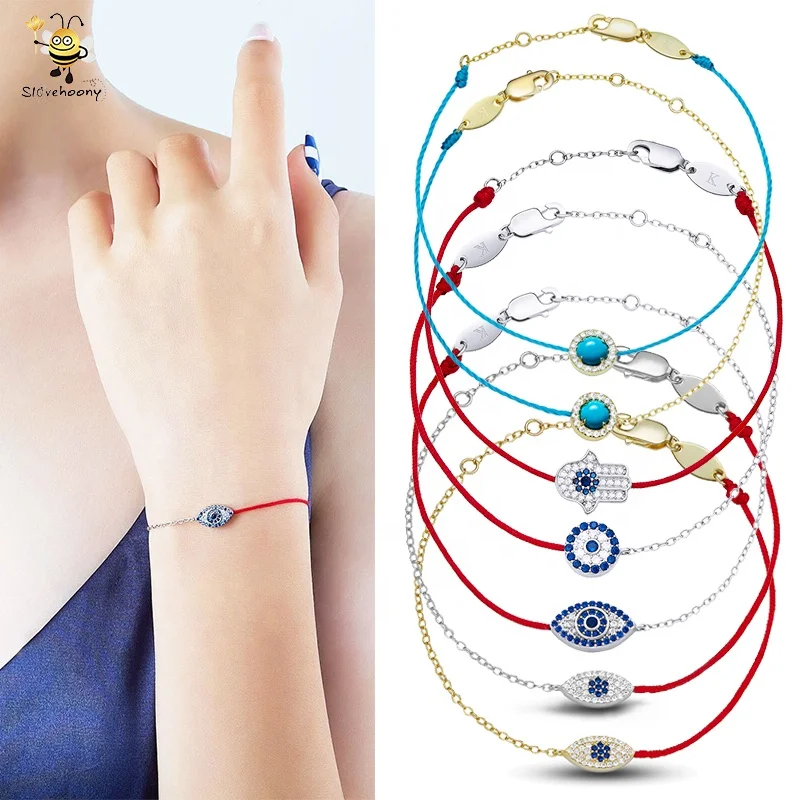 Custom 925 Sterling Silver Jewellery Half Chain Half Red Strings Thread 18k Gold Plated Eye of Evil Bracelets