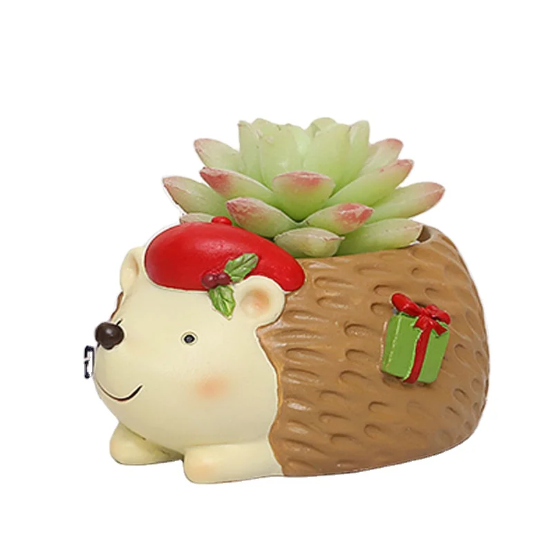 Roogo Charming Hedgehog Resin Pot for Christmas Miniature Plant Holder Decorative Tabletop Vase Seasonal Gardening Gift