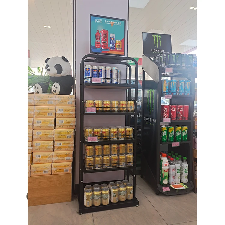 Store carbonated drinks soda display rack 4 tier shelf beer beverage storage rack metal display stand for energy drinks