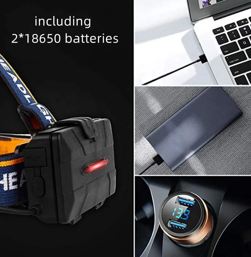 Super Bright Waterproof 6led USB Rechargeable Hard Hat Light Head Flashlight LED Headlamp With Back Red Warning For Camping