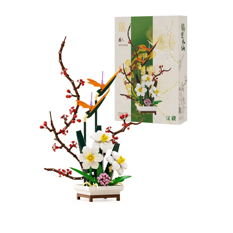 Creative Flower Bouquet Narcissus With Crane Rose Bouquet Sunflower Model Artificial Flowers Building Blocks Set For Home Decora