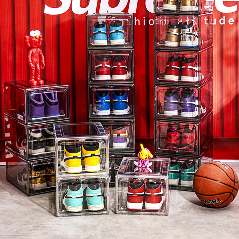 2022 New All Clear Magnetic Drop side Shoe Box Foldable Stackable Shoe Storage Customized logo Sneaker Storage Shoe Organizer