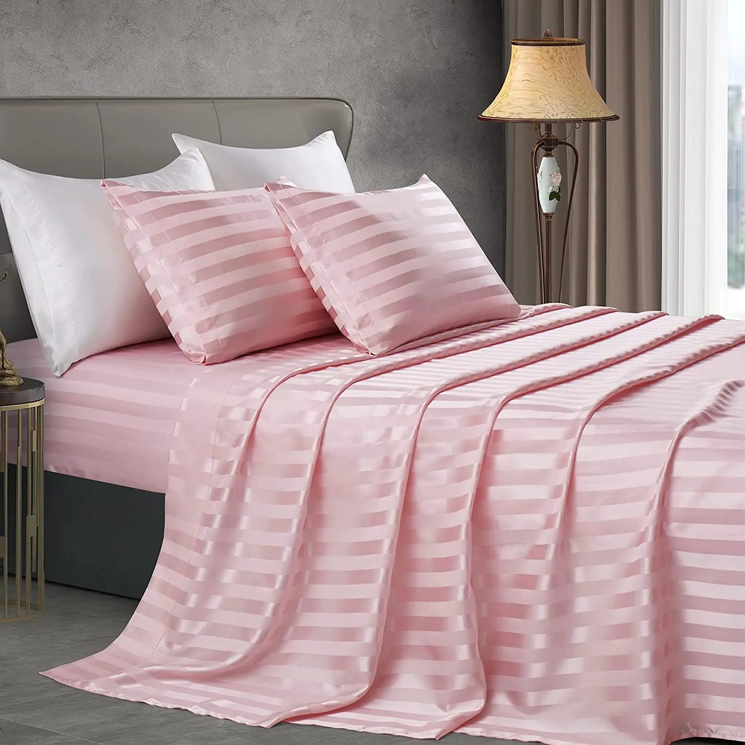 Satin Striped Sheets - 4 pieces Full size Satin Sheets, Cool Silk Satin Sheets Luxury Bedding Set