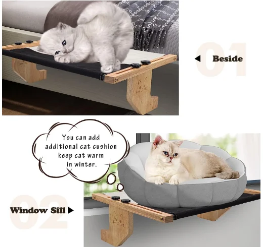 Cat Window Perch Sill Window Hammock Thicken Rubber Wood Metal Frame for Large Cat Easy to Adjust Assemble Cat Bed Seat