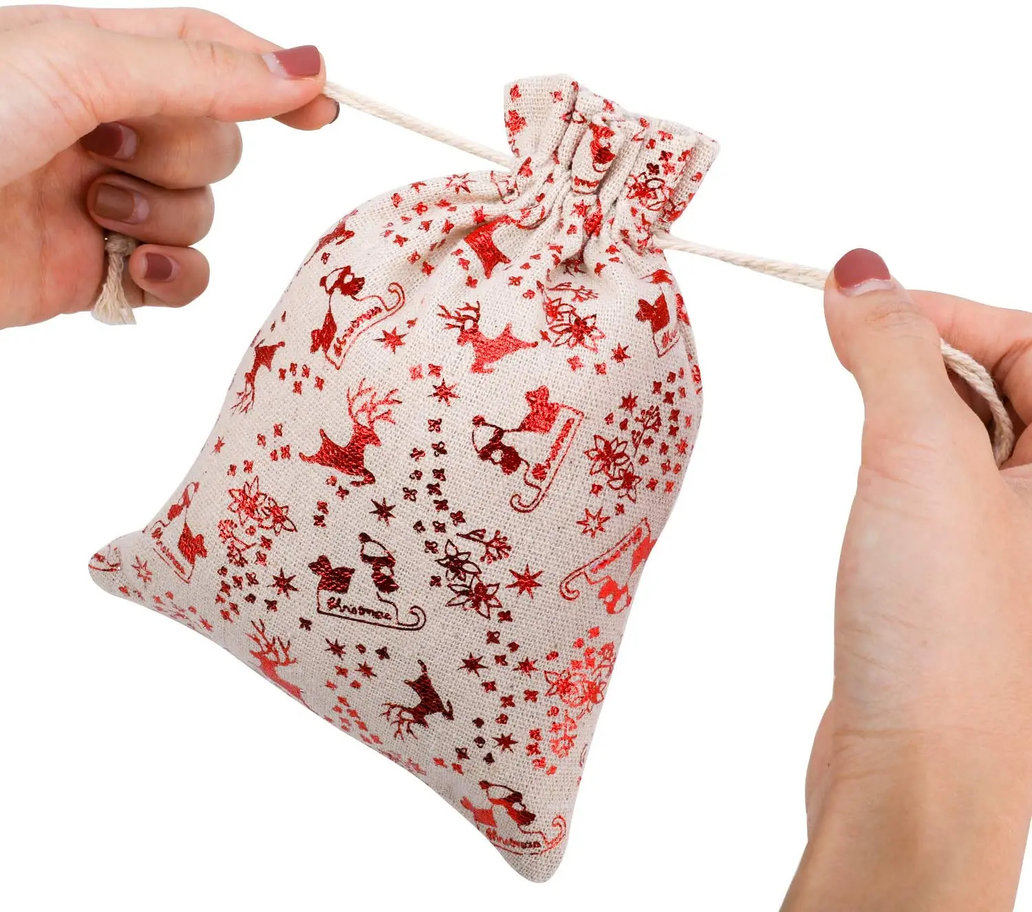 Metallic Christmas Drawstring Gift Bags Burlap Bronzing Gift Pouch linen Bag Treat Goody Bags for Candy Wrapper