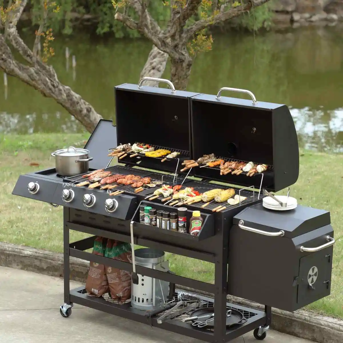 3-Burner Gas & Charcoal Outdoor Grill with Side Smoker Easily Cleaned Steel Powder Coated Finish for Family Gatherings