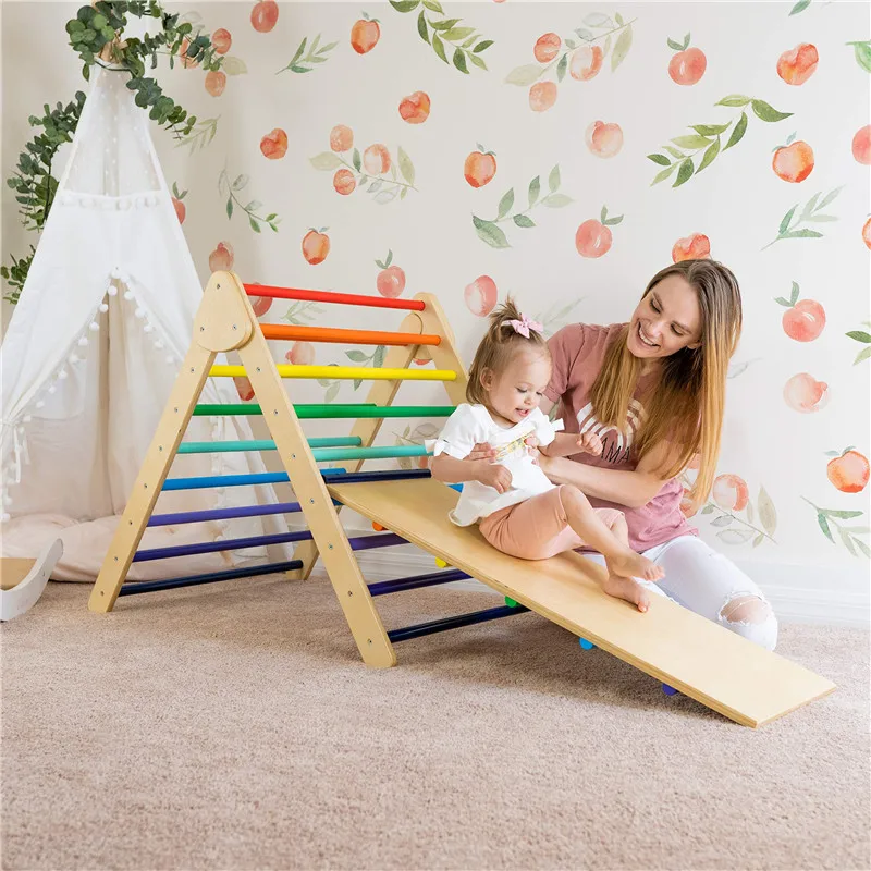 Wooden Climbing Triangle with Reversible Ramp Slide Foldable Wooden Montessori Kids 2in1 Indoor Playground