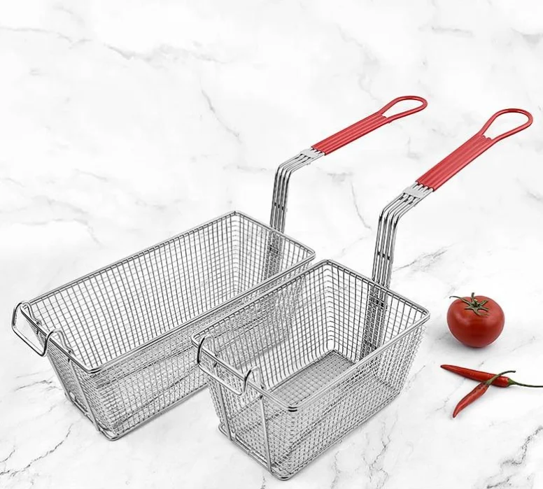 Commercial Kitchen Nickle Plated Stainless Steel Deep Fryer Basket French Fries Basket with Front Hooks Non-Slip Handle
