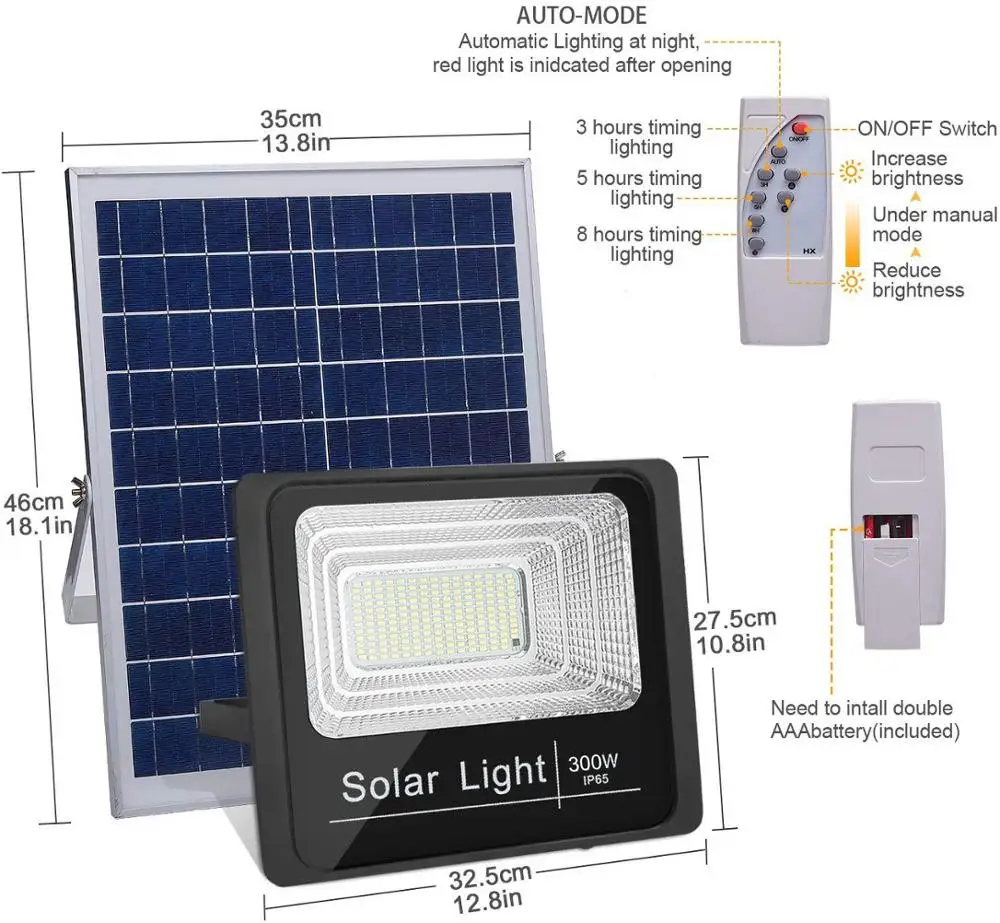 
300W Solar Flood Lights, 6500 Lumens LED Outdoor IP67 Waterproof with Remote Control 