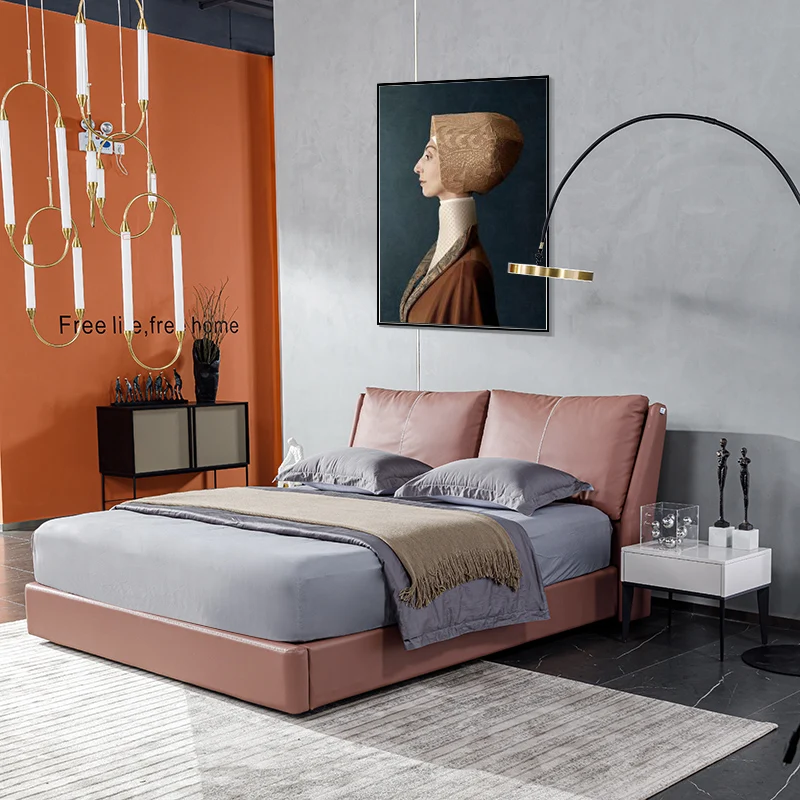 
King size single bedroom luxury modern real leather beds soft headboard LE-R08 