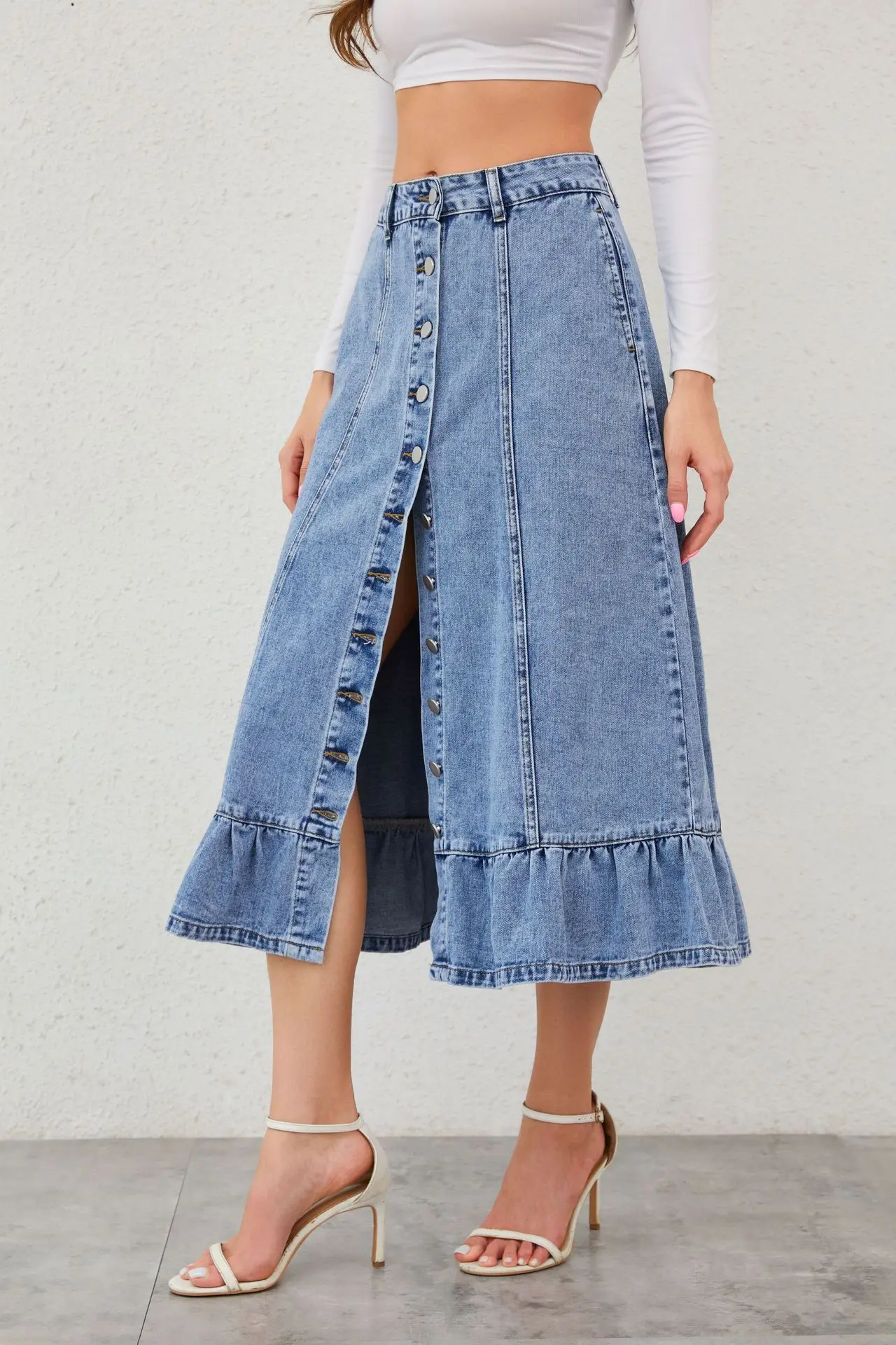 Hot-sell Long Denim mermaid Hem Hip Wrap Jean Maxi Skirt