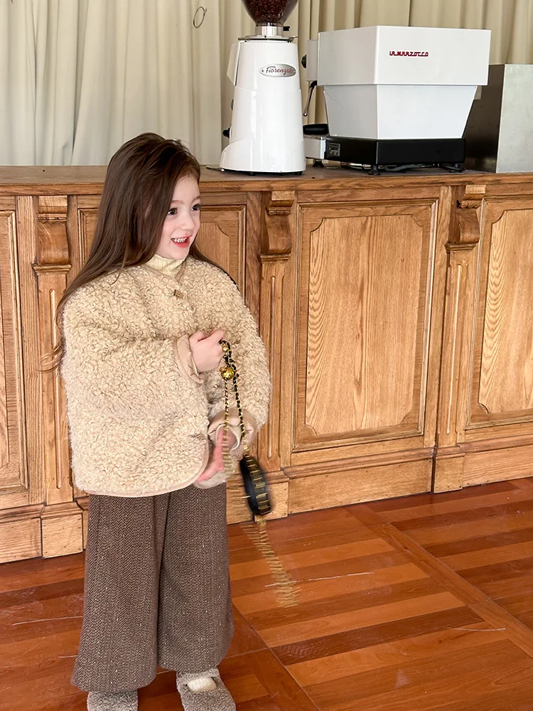 617 new arrival solid khaki little baby girls fur jacket warm coat for winter clothing
