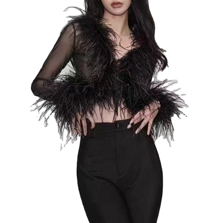 Customized Women 100% Silk Transparent Long Sleeve Feathers Blouse