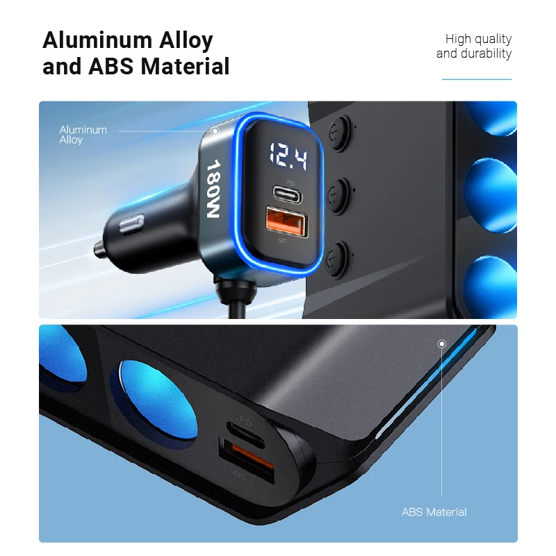 7 in 1 Car Charger With Separate Switch USB C Car Charger PD 45W Fast Charging for Multiple Devices Car Cigarette Lighter