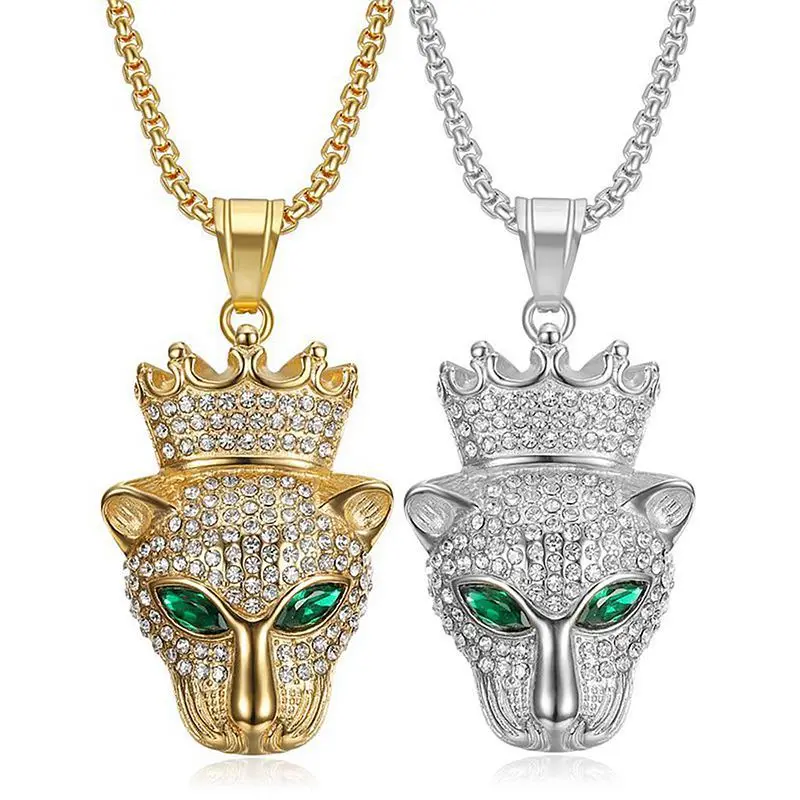 Wholesale Hip Hop Luxury Jewelry Stainless Steel Diamond Green Eye Crown Panther Leopard Pendant Necklace For Women Men (BN189)