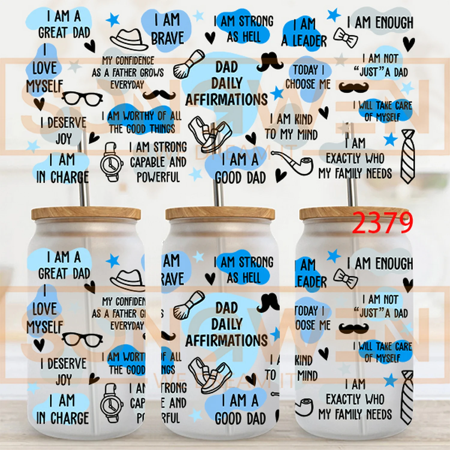 Fathers Day DIY Libby Glass Waterproof 3D UV DTF Cup Wrap Label Transfers Stickers For 16oz Cup Tumbler Mug Can Bottle Wrap