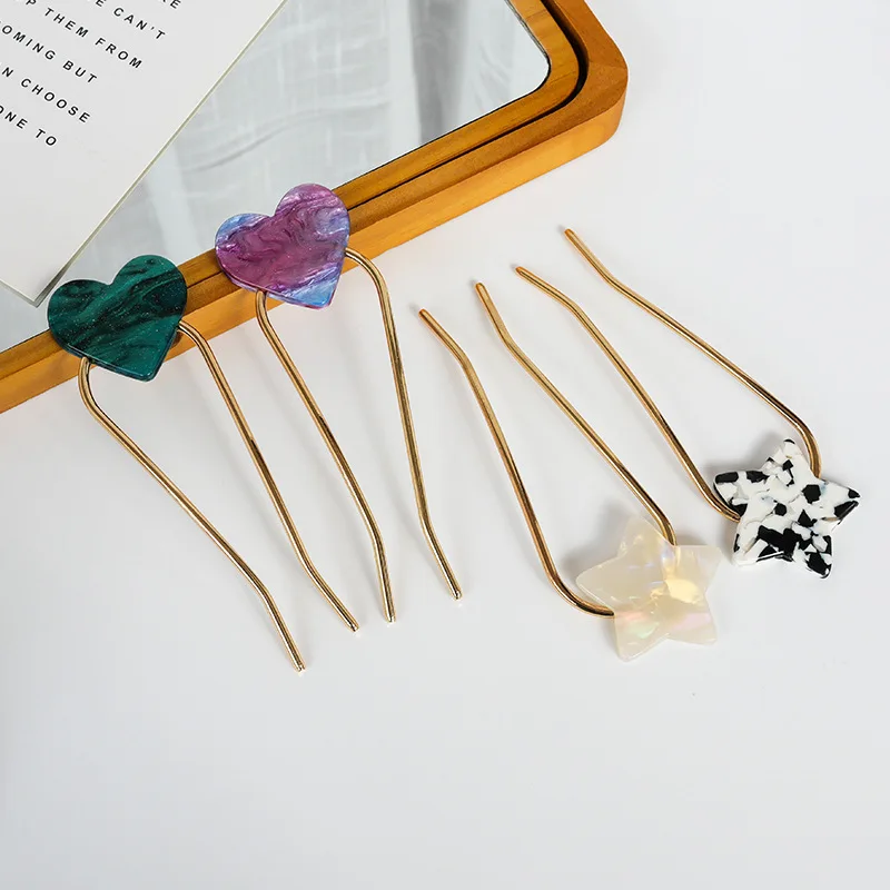 Hair accessories Acetic acid heart star u-shaped hair fork heart five-pointed star metal hairpin headwear hair tray