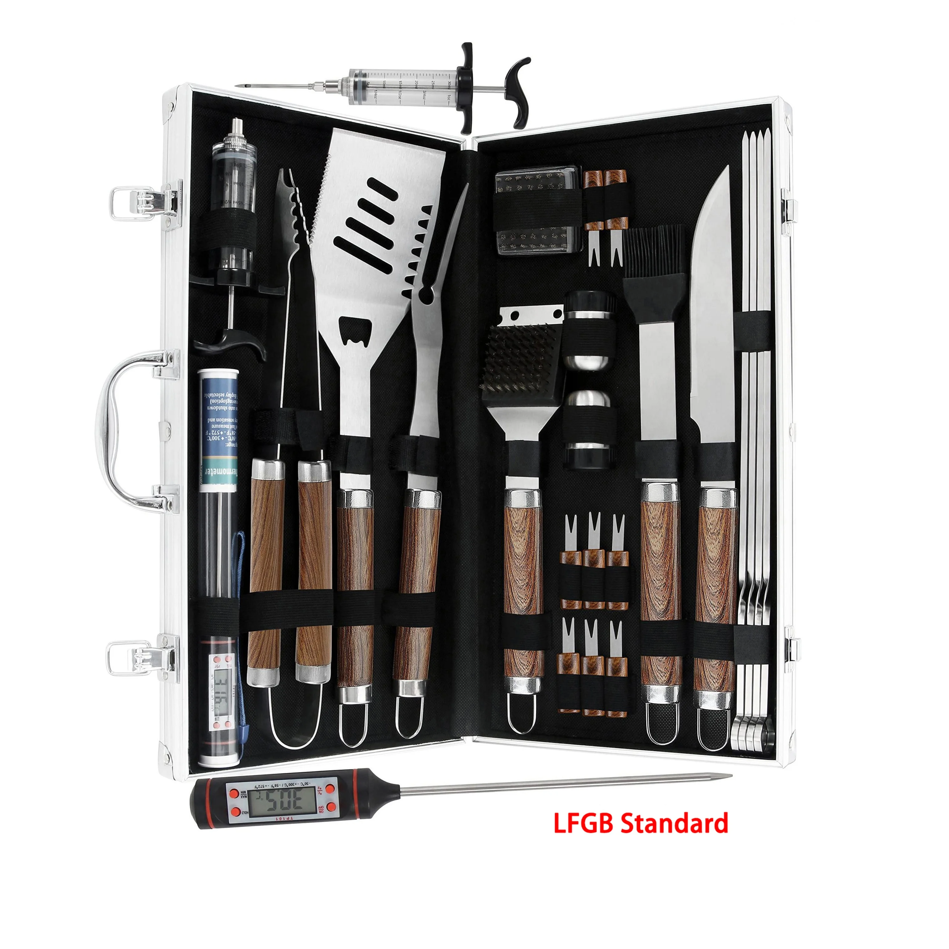 Hot Sale 24 Pcs Bbq Set Wood Tool Handle Grill BBQ Tools Set with Wooden Handle with Aluminum Case Box