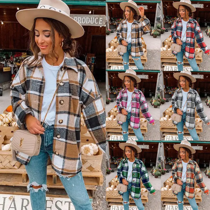 2022 Wholesale Women Clothes Outdoor Jacket Women Plaid Shacket Ladies Flannel Jacket