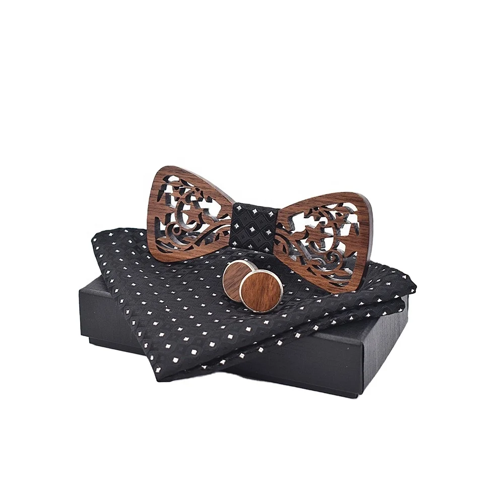 Новые мужские твердой древесины галстук-бабочка, перфорацией в виде звезд полиэстер квадратный шарф Набор Запонок