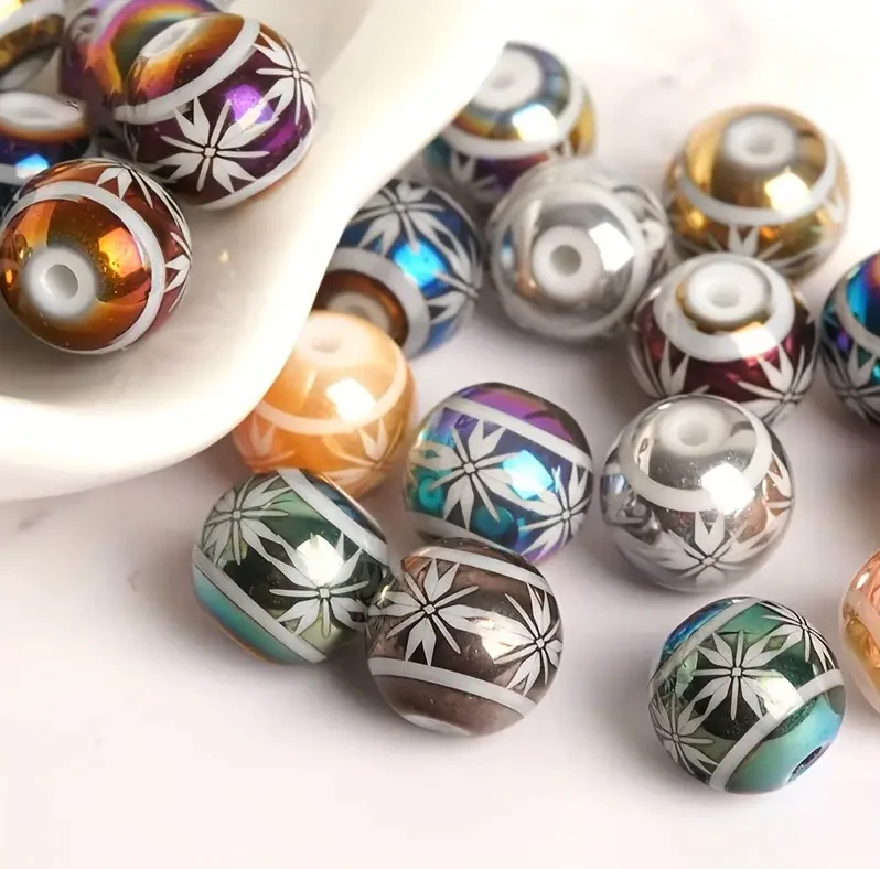 Китайские стеклянные бусины 10 мм с гальваническим перекрестным узором для изготовления ювелирных изделий