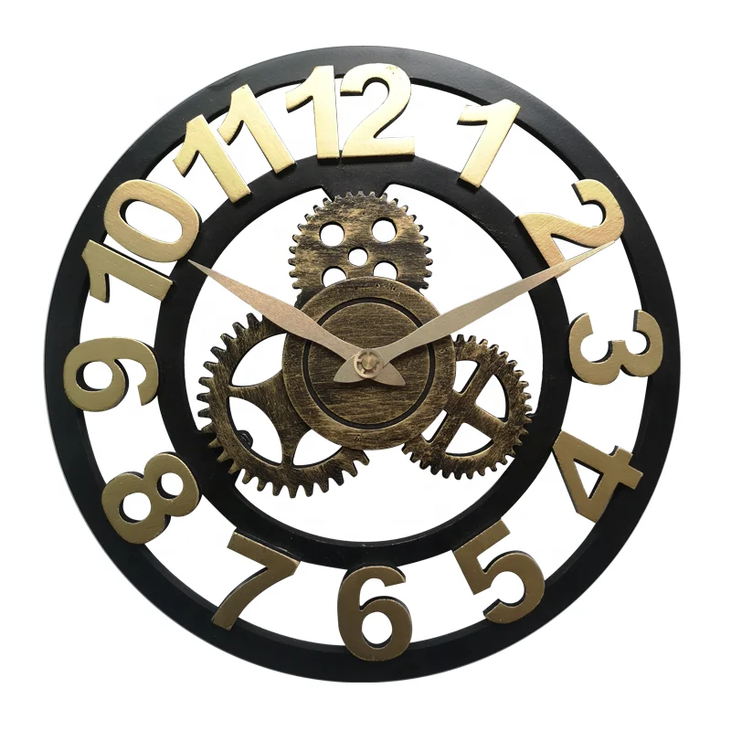 Handmade All Normal Size Vintage European Style Black and Gold Silent Large Industrial Gear Creative Rustic 3d Wooden Wall Clock
