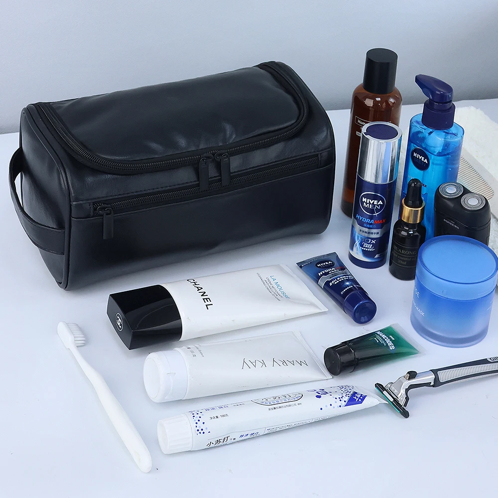 Wholesale Factory Gentleman Business Travel Travel Toiletry Bag Portable Waterproof PU Toiletry Hanging Wash Bag for Men