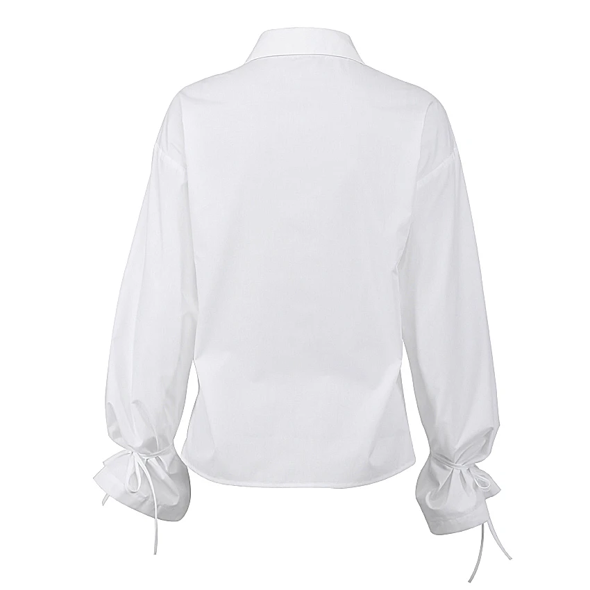 OOTN Female Loose Autumn Work Casual Korean Turn-Down Collar Long Sleeve Lace Up Shirt  Elegant White  Shirts for Women