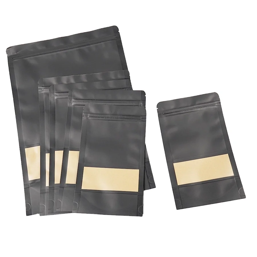 Custom Black Kraft Paper Packaging Pouch Bag Ziplock with Windows for Tea Rice Food Flour Nut Stand up Bag Carton Packing