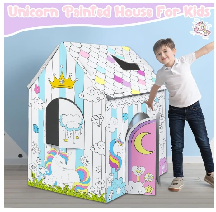 OEM Factory painting cardboard house Creative Kids Painting Toy  DIY Drawing Doodle Doll Kids House  3D Painted Cardboard House