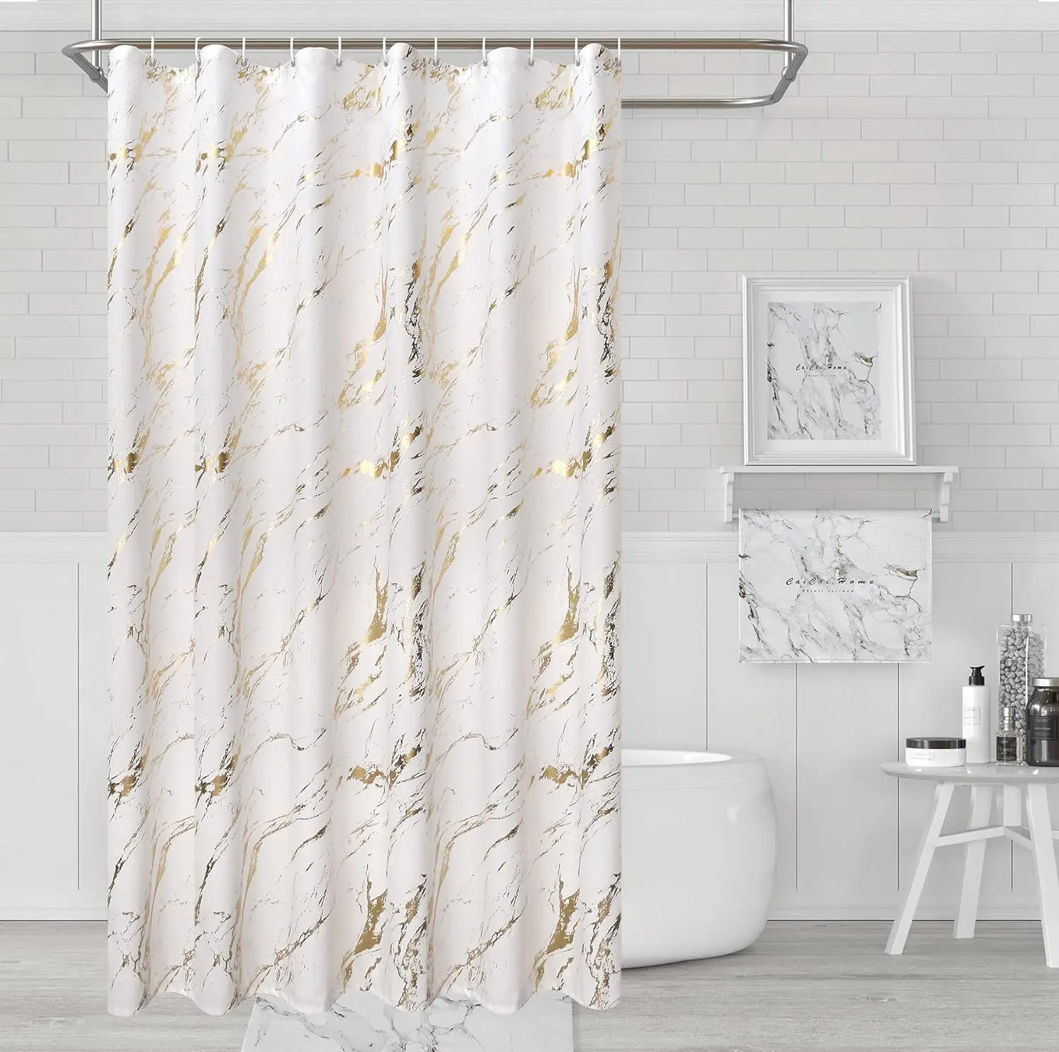 CF HPS16 Gold Foil Print shower curtain waterproof wholesale custom printed bathroom shower set curtain rugs and bathroom set