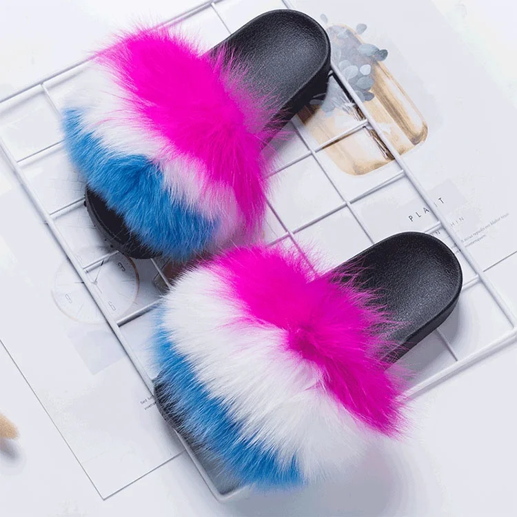 New fashion solid color fox fur slipper sandals in spring summer season
