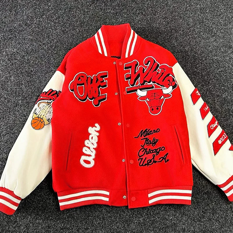 Casual Winter Wear and Rib Thick Woolen Letterman Stand Collar Varsity Jackets with Leather Sleeves