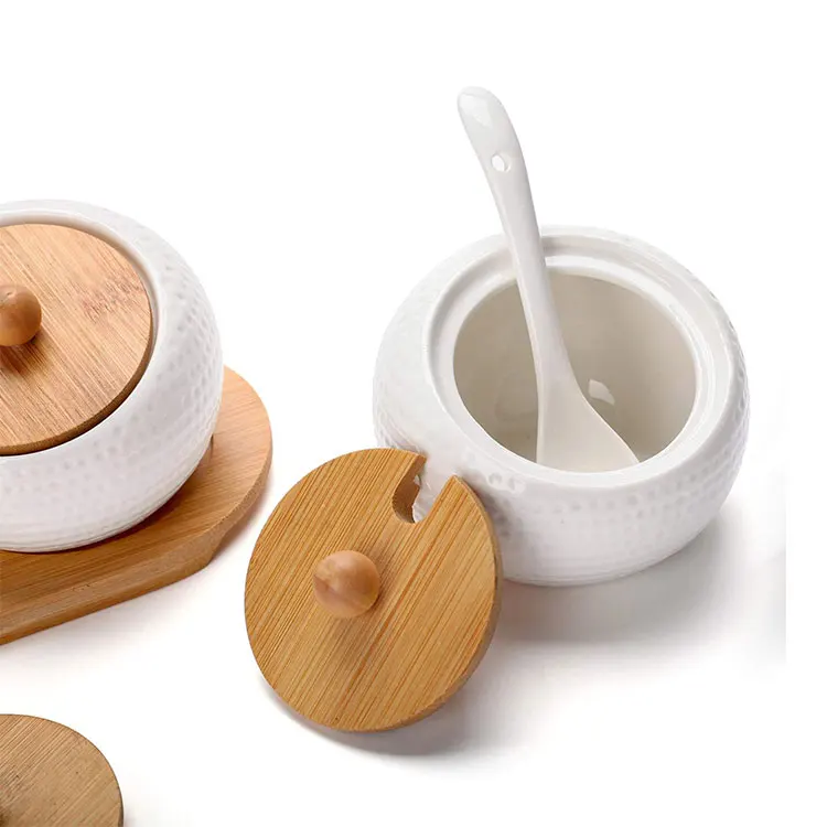  Wholesale Porcelain Condiment Jar Spice Container Sugar Pots with Bamboo