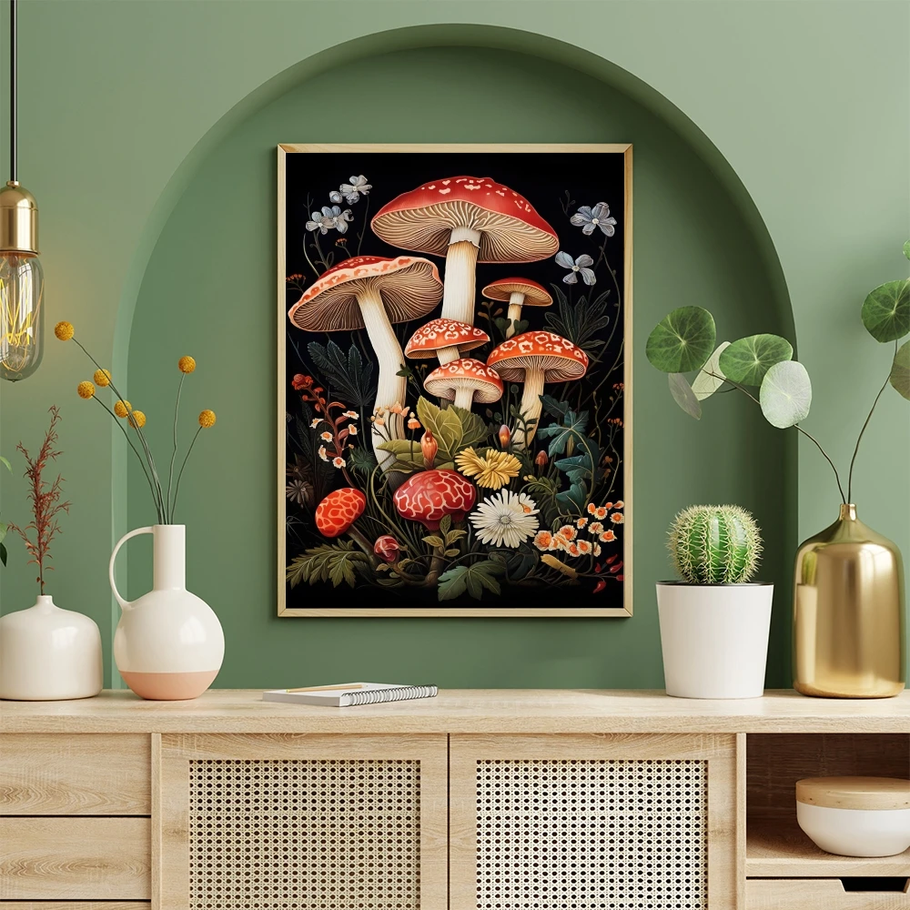 Dark Fantasy Nature Wall Decor Preppy Botanical Mushroom Poster Framed in Art Deco Style for Whimsical Dormitory Home Decor