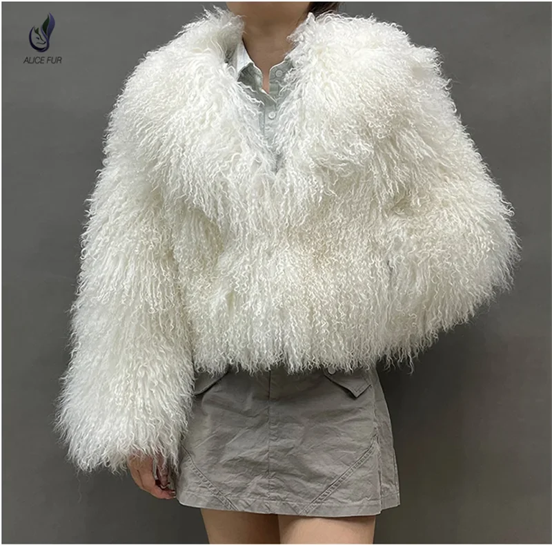 Wholesale Supply Winter Warm Fluffy Real Fur Coat Ladies Cropped Real Mongolian Sheep Fur Jacket