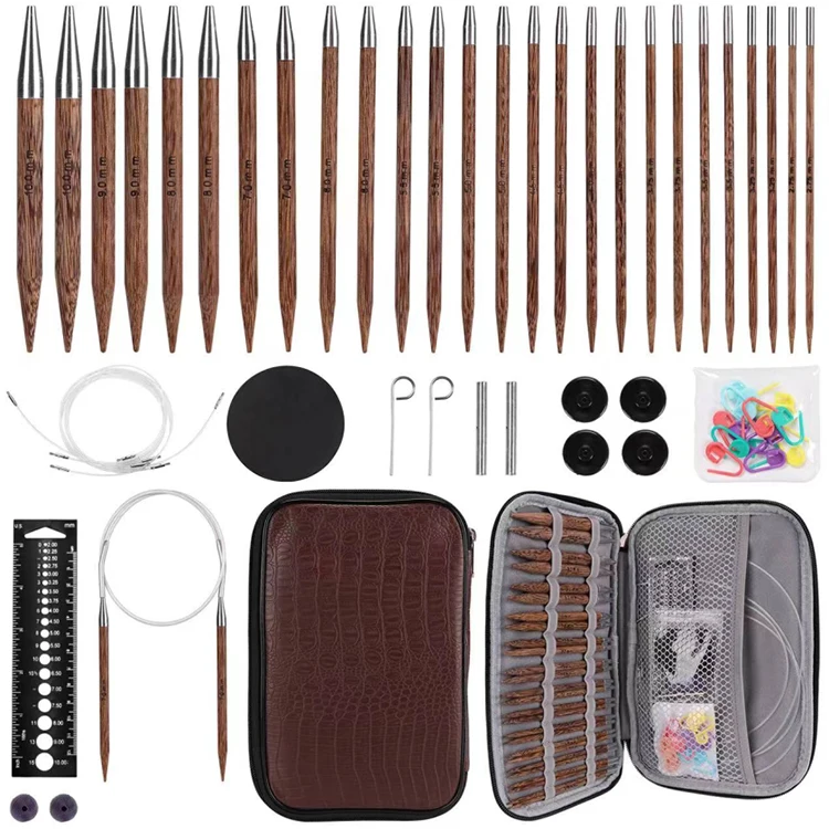 Amazon wholesale PU leather knitting tool sweater needle High-grade wenge sweater needle set