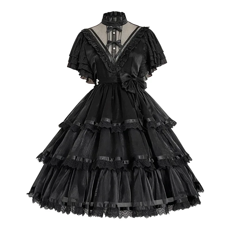 Sweet ruffled bow square collar fluffy party dresses short sleeve lolita sexy dress gothic lolita dress tutu big
